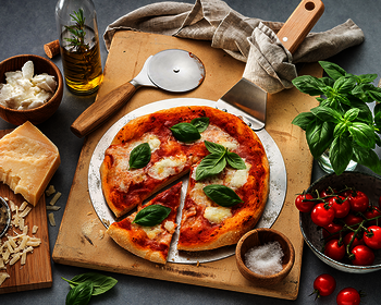 Bild einer gebackenen Pizza aus Wewalka Sauerteig in der Kugel, angerichtet auf einem Pizzastein, mit frischen Zutaten wie Parmesan, Mozzarella, frischen Tomaten und Basilikum