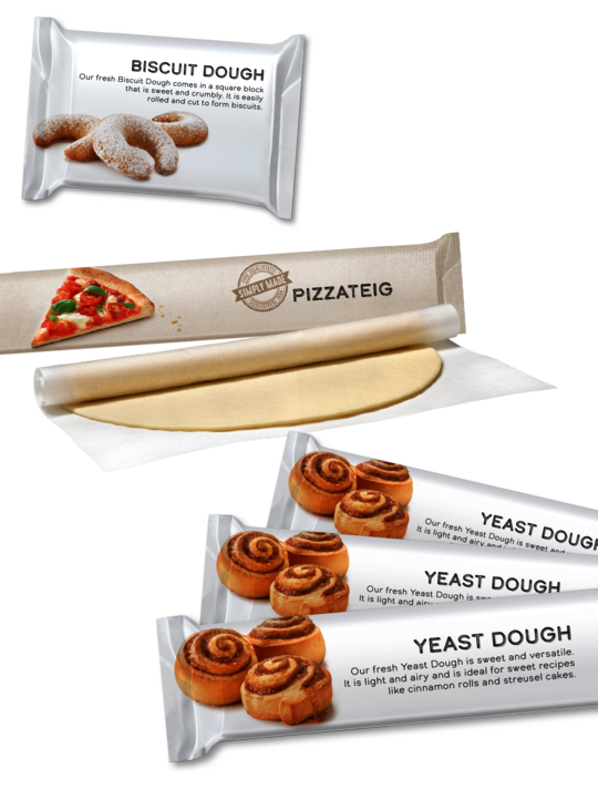Picture of different Wewalka fresh dough products in their packaging of flow packs
